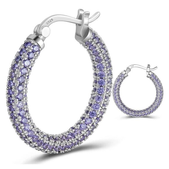 14K White Gold Sterling Silver with Purple Amethyst Cubic Zirconia Hoop Earrings - Picture 1 of 6